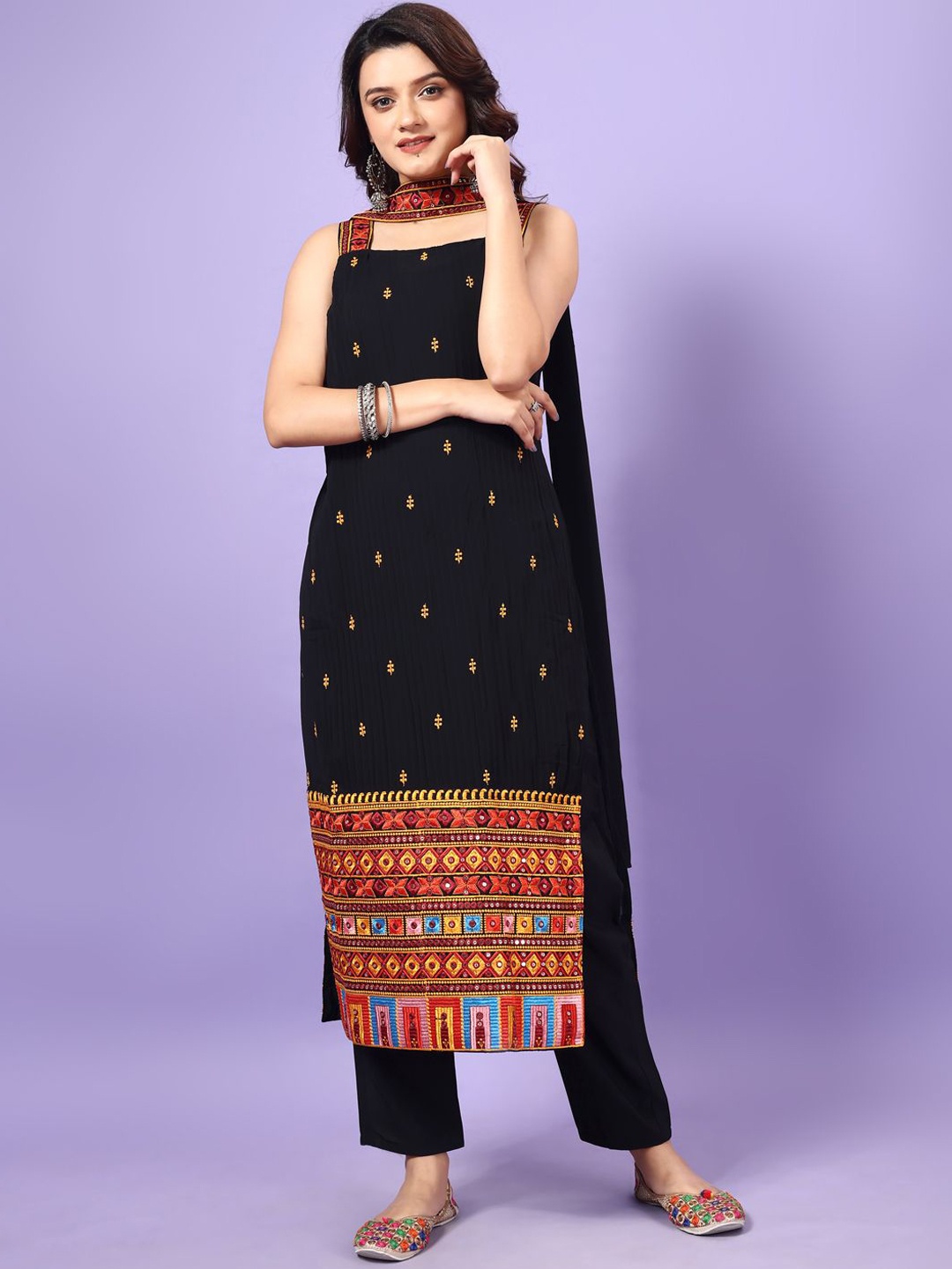 

Anara Floral Embroidered Mirror Work Georgette Straight Kurta With Trouser & Dupatta, Black