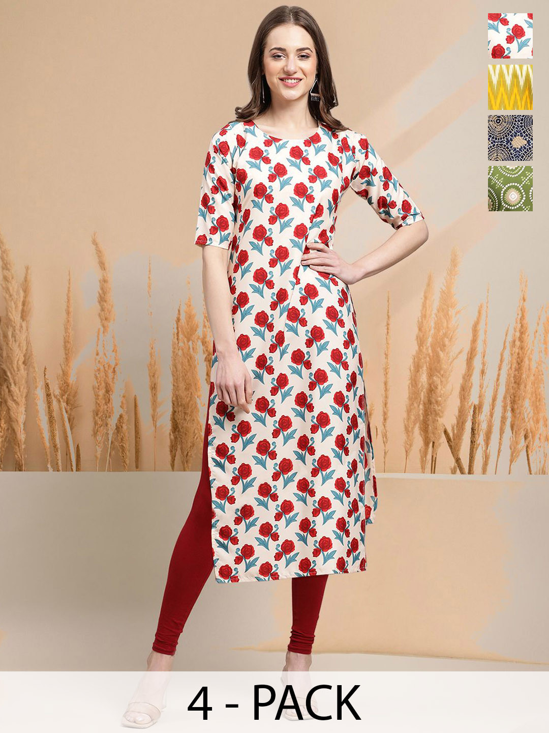 

7Threads Selection Of 4 Floral Printed Round Neck Straight Kurtas, Pink