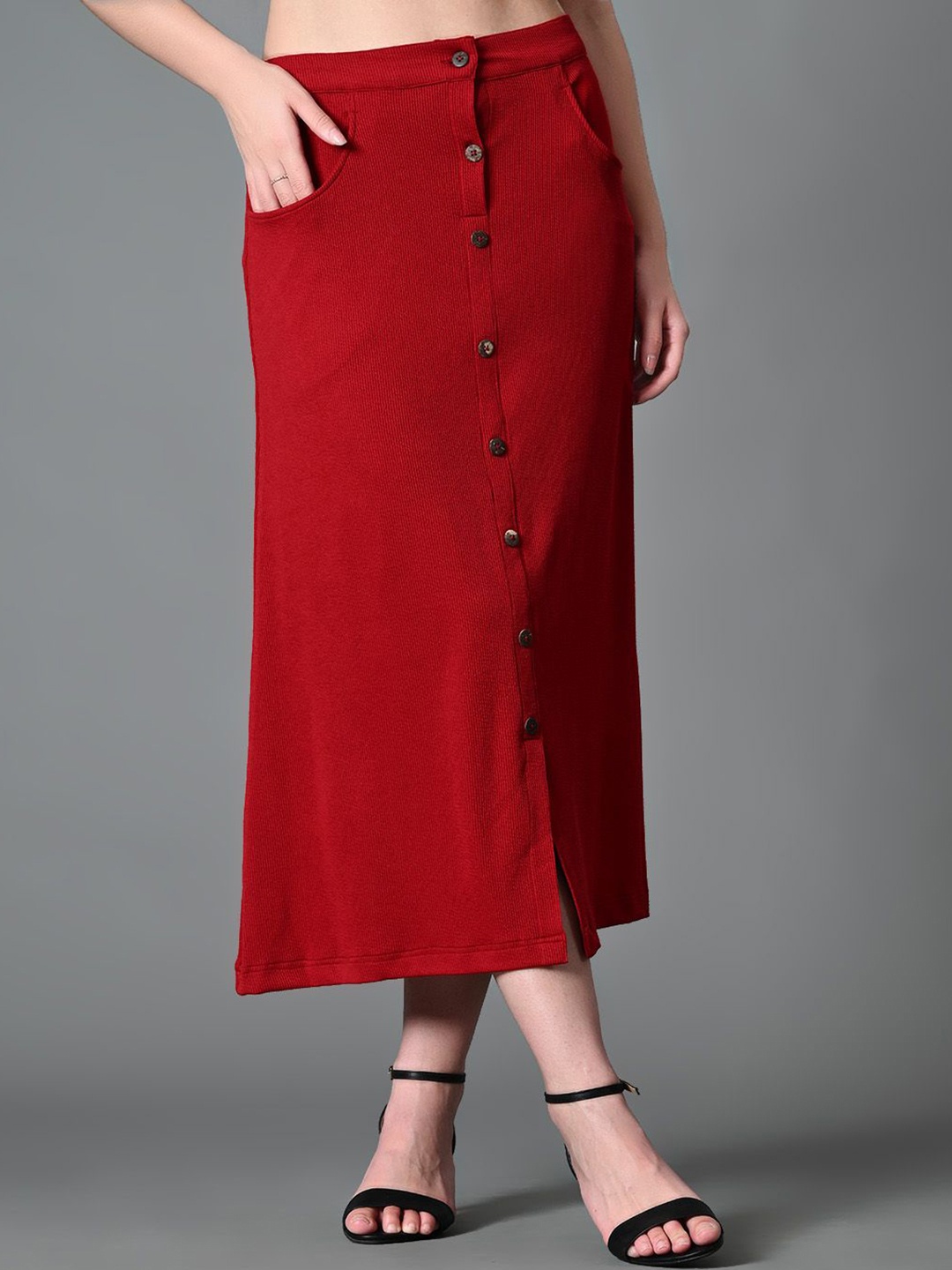 

DressBerry Ribbed Embellished A-Line Midi Slit Skirt, Maroon