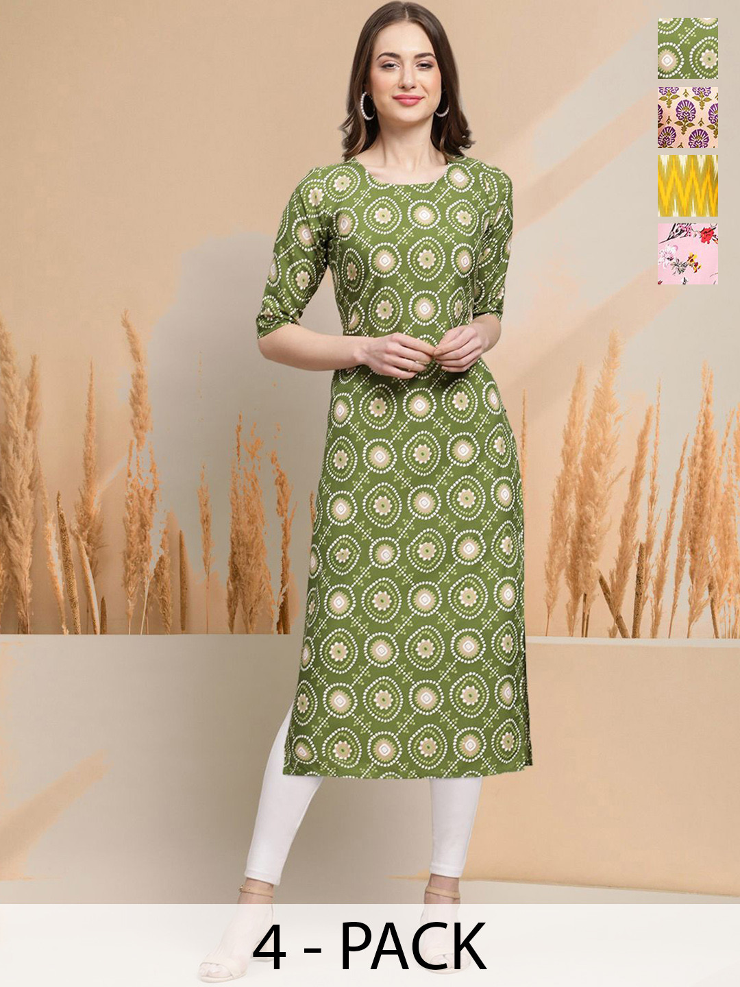 

7Threads Selection Of 4 Geometric Printed Round Neck Straight Kurtas, Green