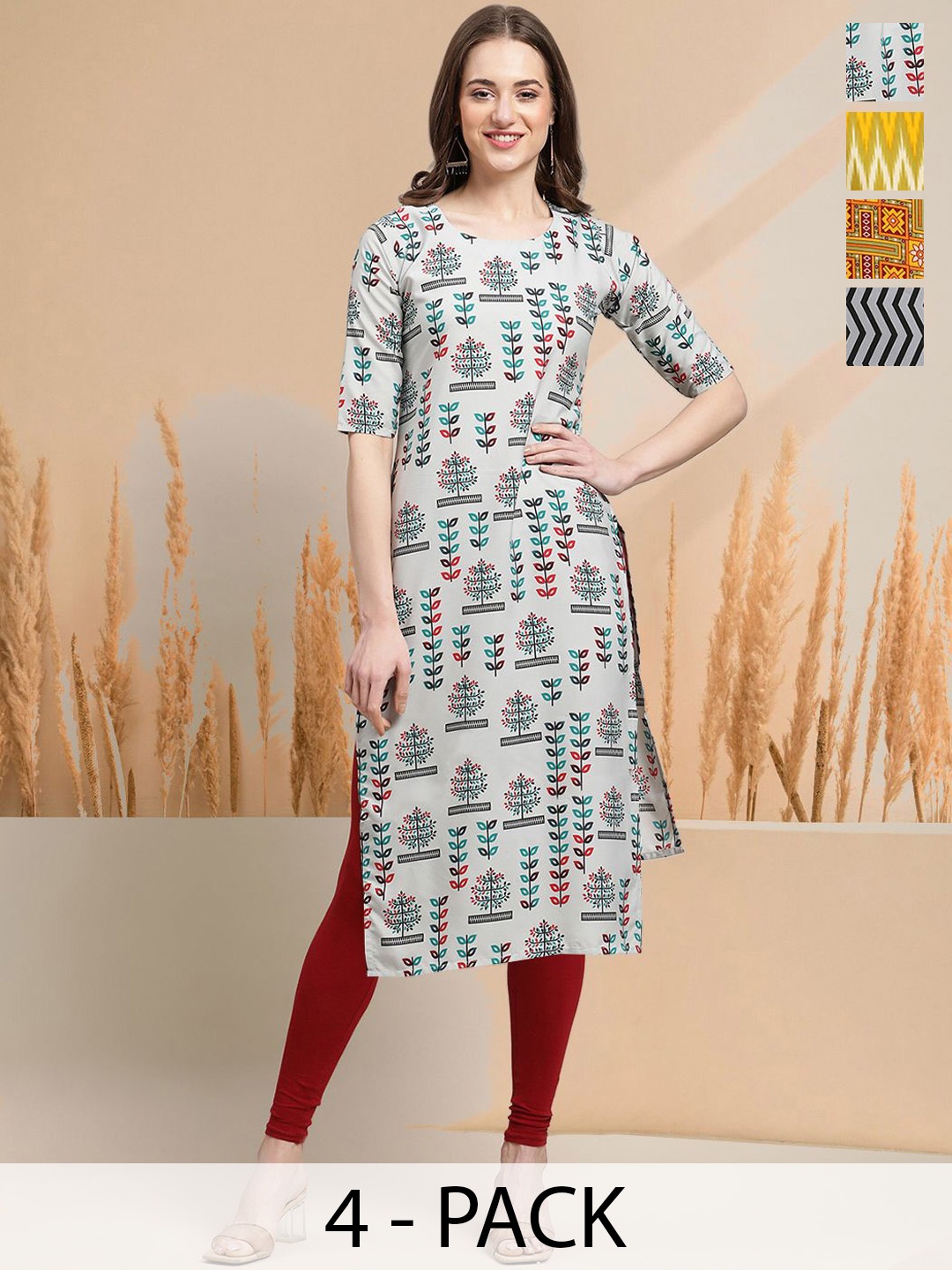 7Threads Selection Of 4 Floral Printed Round Neck Straight Kurtas, White