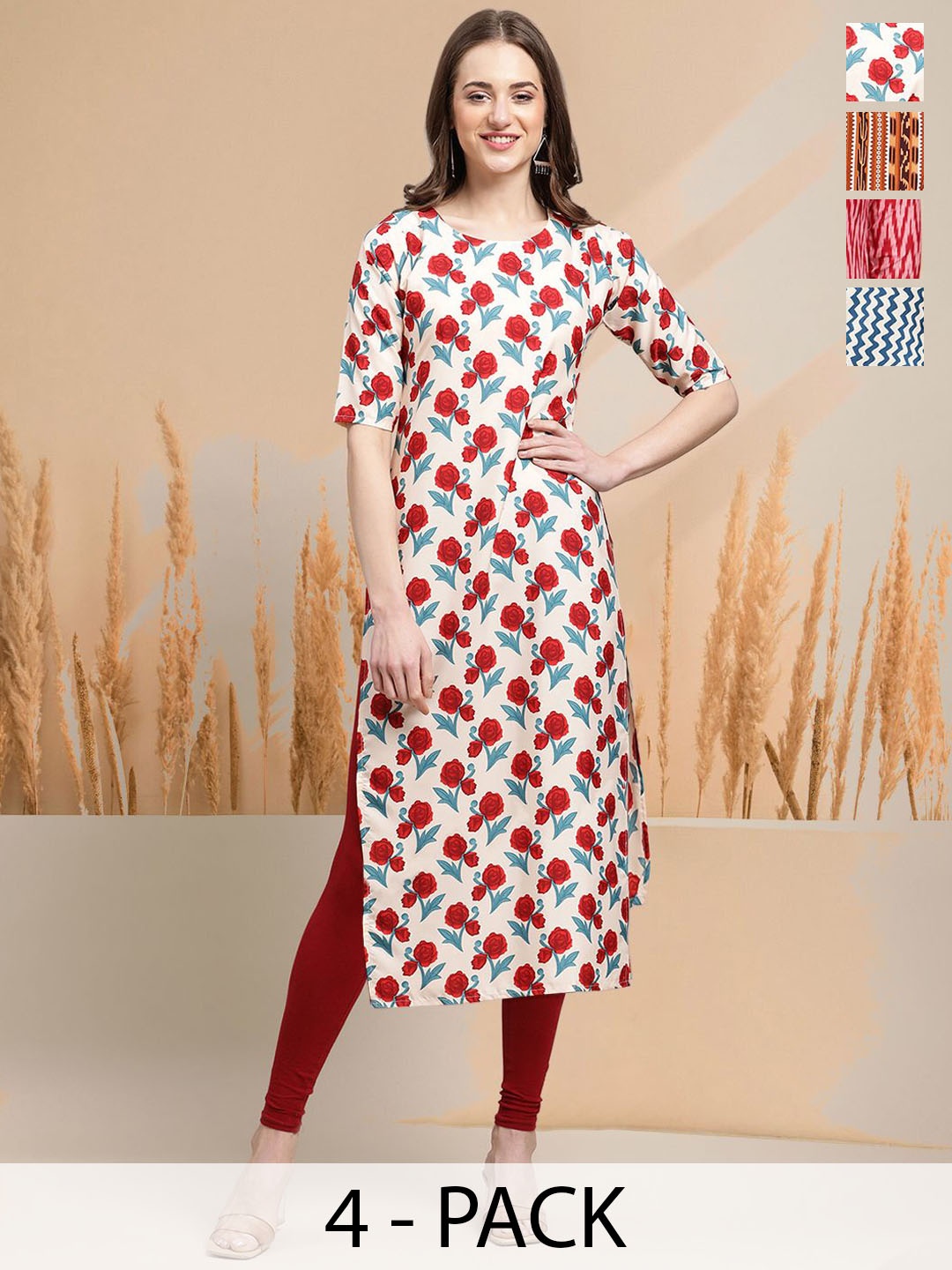 

7Threads Selection Of 4 Floral Printed Round Neck Straight Kurtas, Pink
