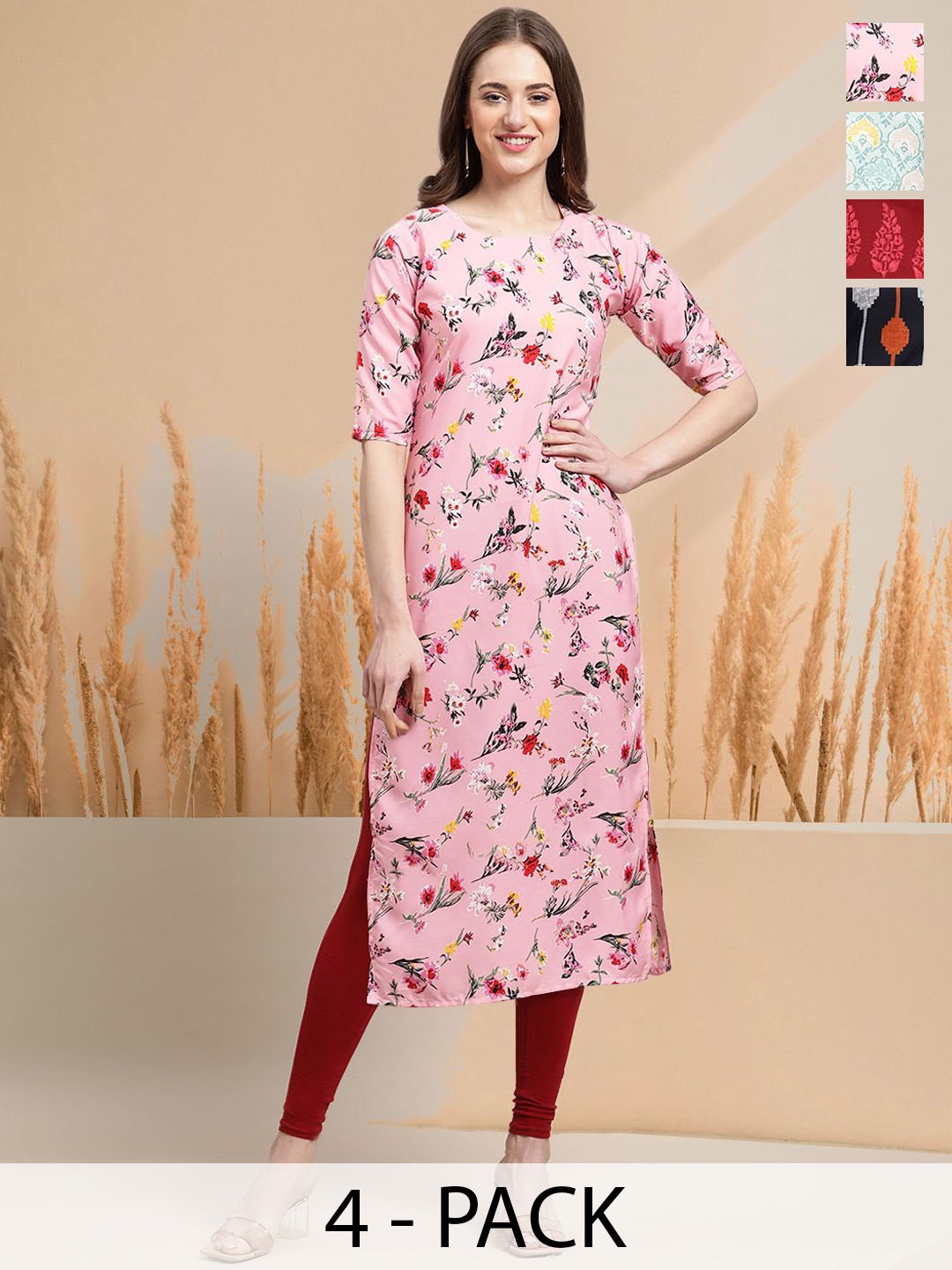 

7Threads Selection Of 4 Floral Printed Round Neck Straight Kurtas, Pink