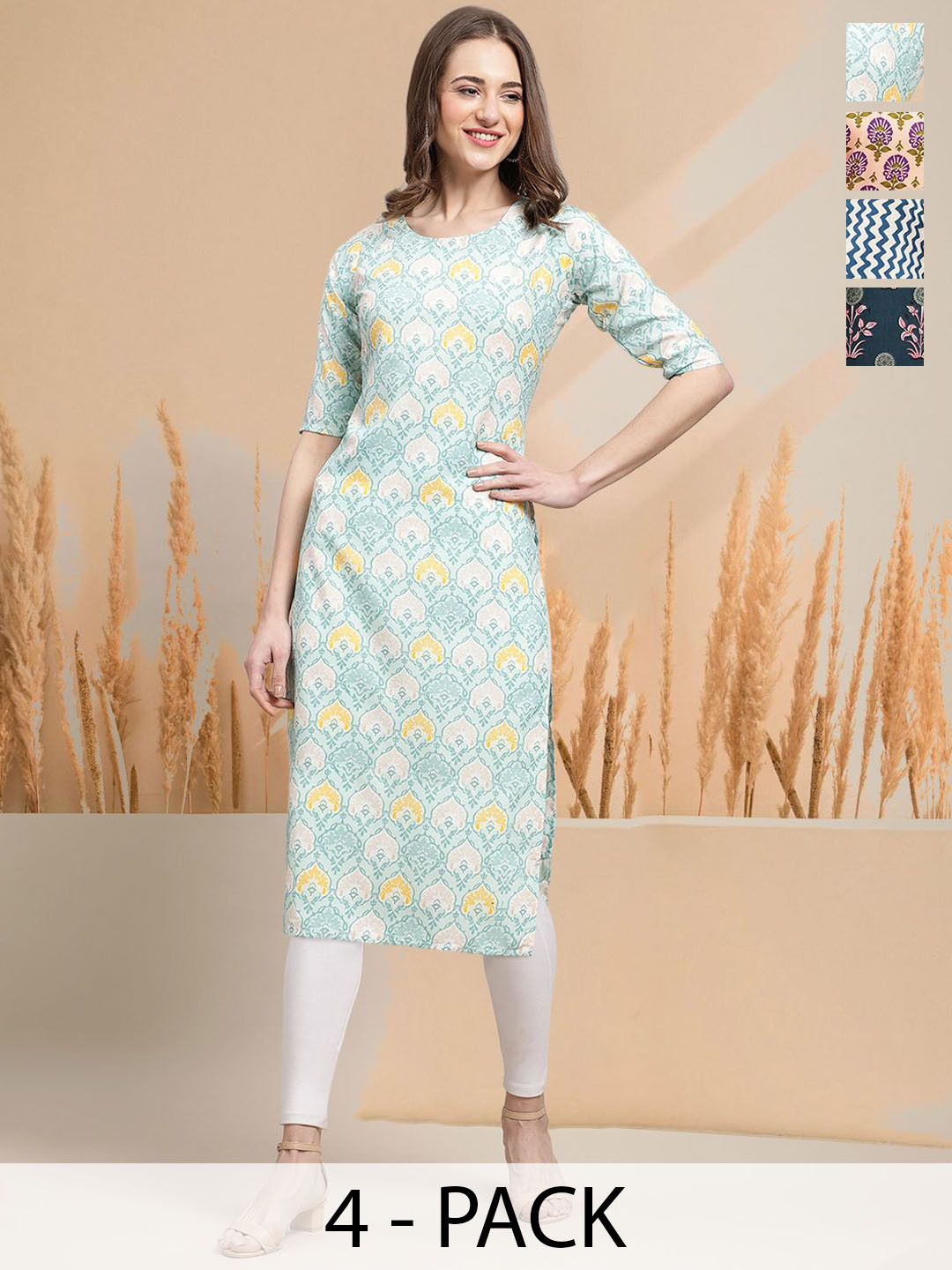 

7Threads Selection of 4 Ethnic Motifs Printed Round Neck Straight Kurtas, Blue
