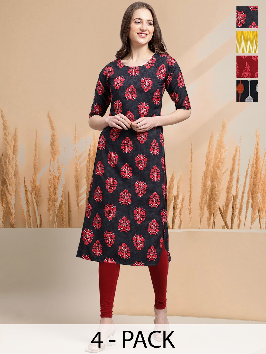 

7Threads Selection Of 4 Ethnic Motifs Printed Round Neck Straight Kurtas, Black
