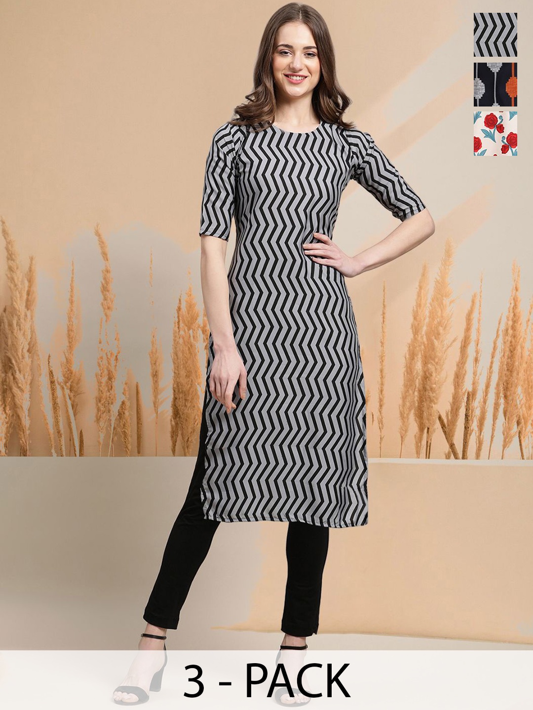 

7Threads Selection Of 3 Chevron Printed Round Neck Kurta, Grey