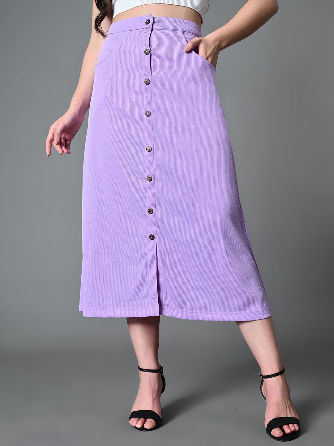 

DressBerry Ribbed Embellished A-Line Midi Slit Skirt, Lavender