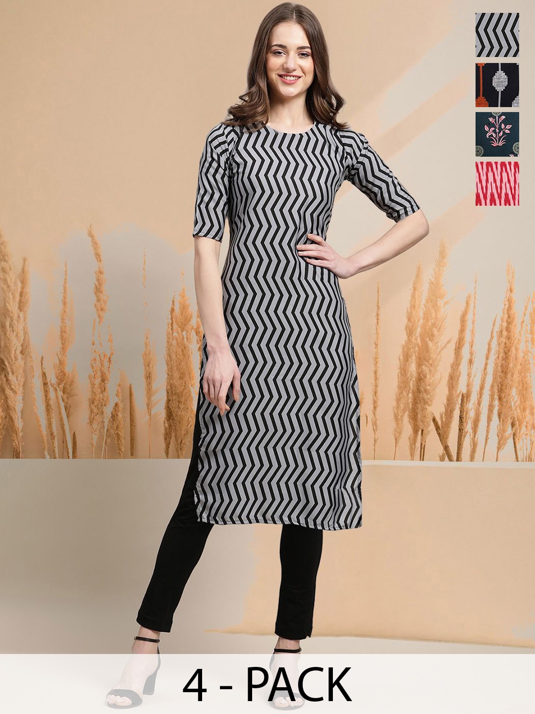 

7Threads Selection Of 4 Chevron Printed Round Neck Straight Kurtas, Black