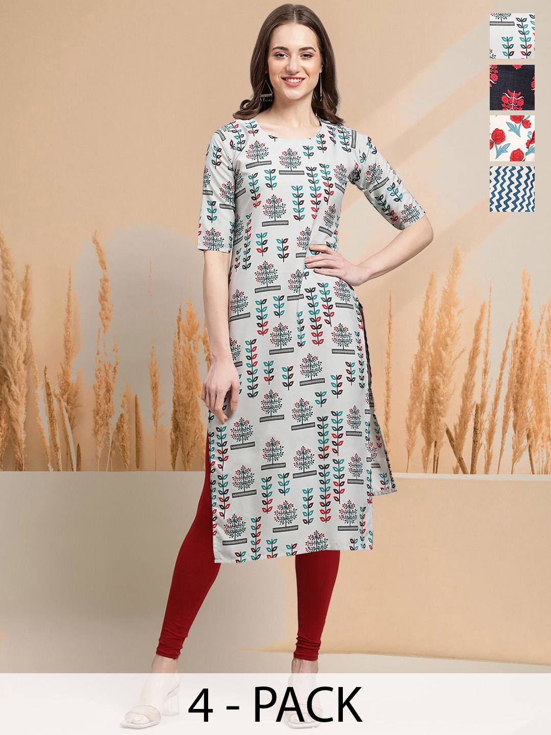 

7Threads Selection Of 4 Floral Printed Round Neck Straight Kurtas, Black