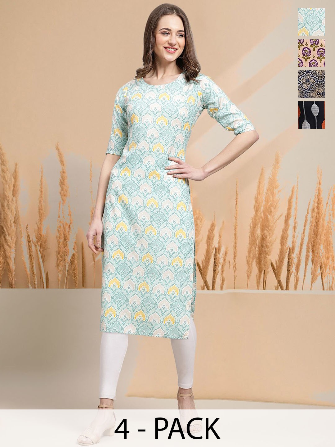 

7Threads Selection Of 4 Ethnic Motifs Printed Round Neck Straight Kurtas, Black