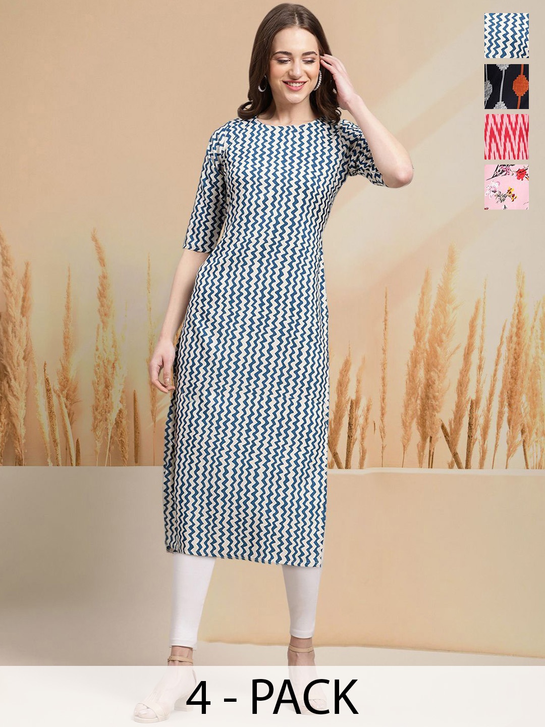 

7Threads Selection Of 4 Chevron Printed Round Neck Straight Kurtas, Blue