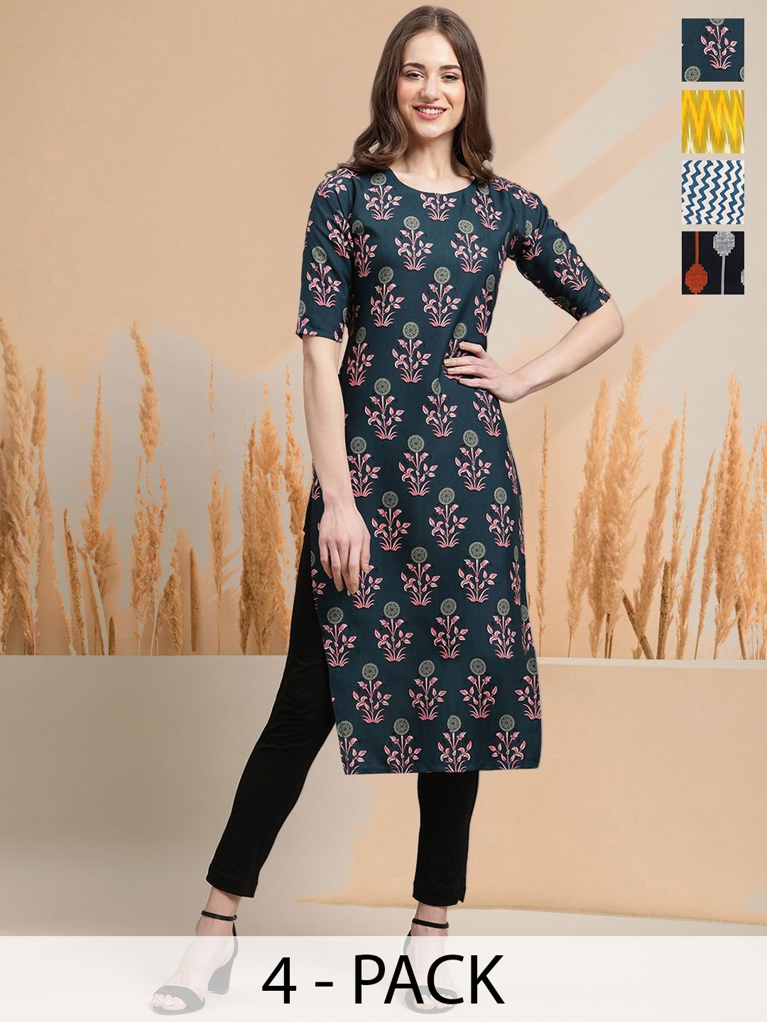 

7Threads Selection Of 4 Floral Printed Round Neck Straight Kurtas, Blue