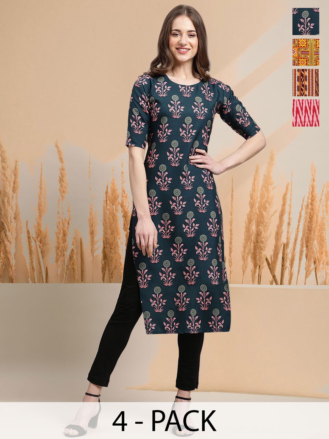 

7Threads Selection Of 4 Floral Printed Round Neck Straight Kurtas, Navy blue