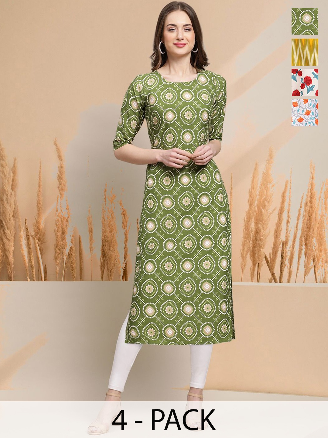 

7Threads Selection Of 4 Geometric Printed Round Neck Straight Kurtas, Green