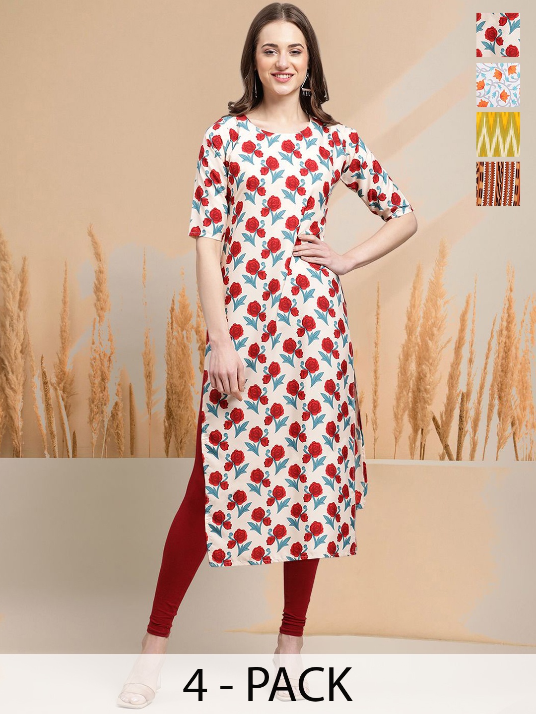 

7Threads Selection Of 4 Floral Printed Round Neck Straight Kurtas, Cream
