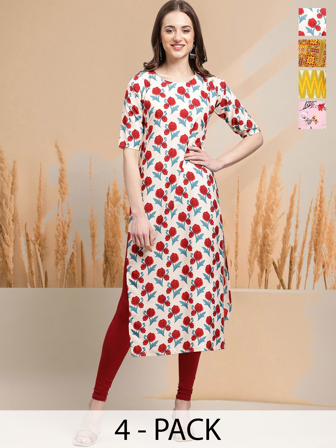 

7Threads Selection Of 4 Floral Printed Round Neck Straight Kurtas, Cream