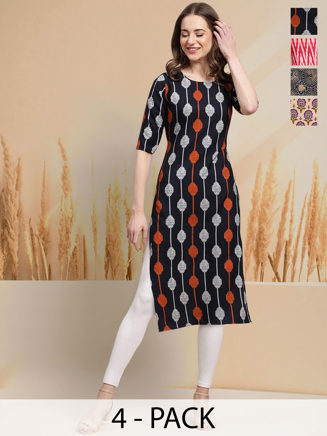 

7Threads Selection Of 4 Floral Printed Round Neck Straight Kurtas, Black