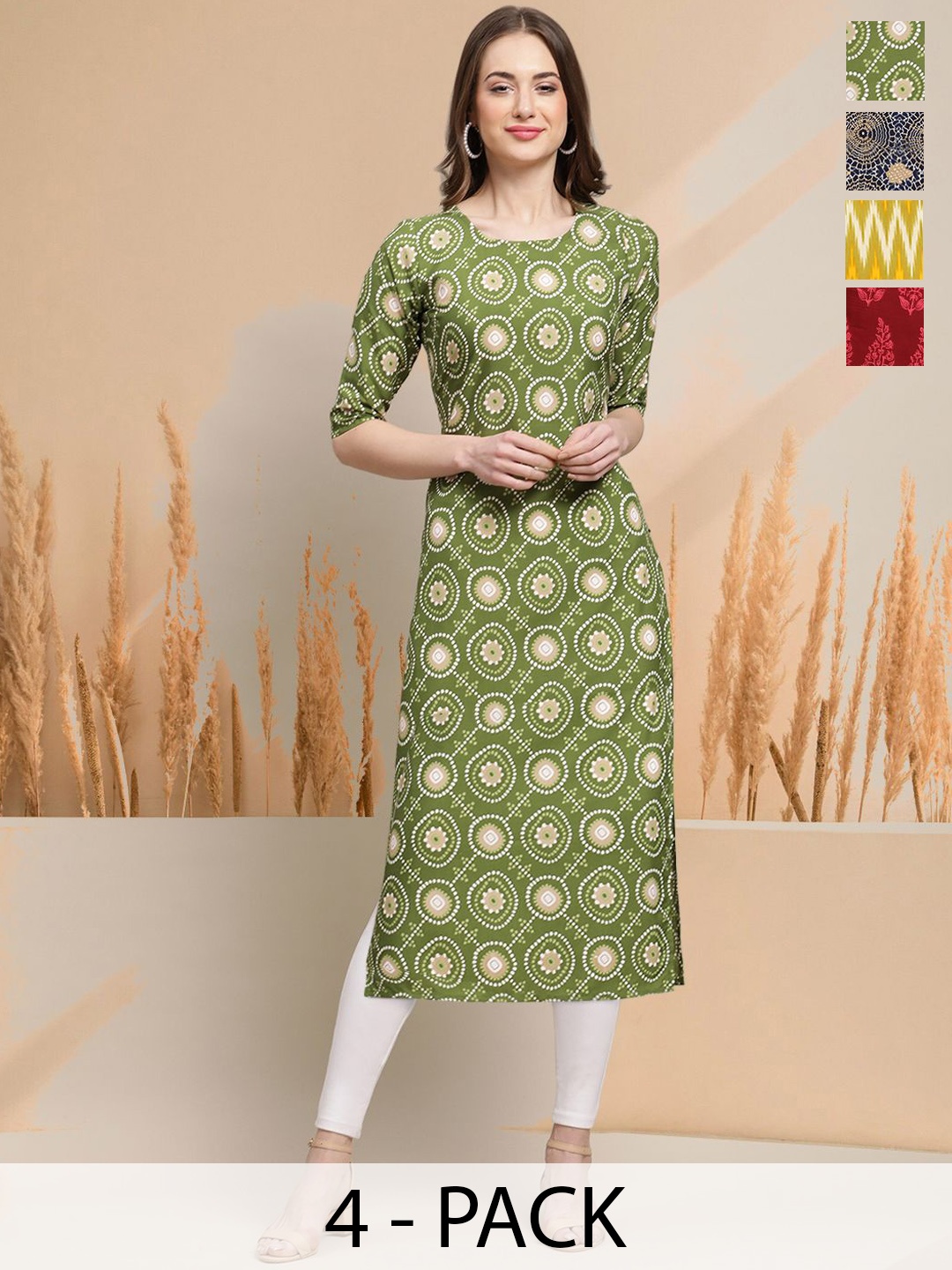 

7Threads Selection Of 4 Ethnic Motifs Printed Round Neck Straight Kurtas, Green