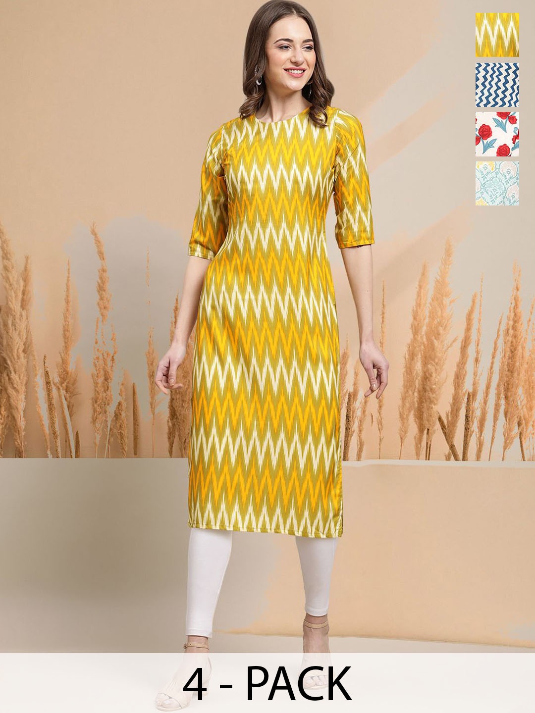 

7Threads Selection Of 4 Geometric Printed Round Neck Straight Kurtas, Yellow