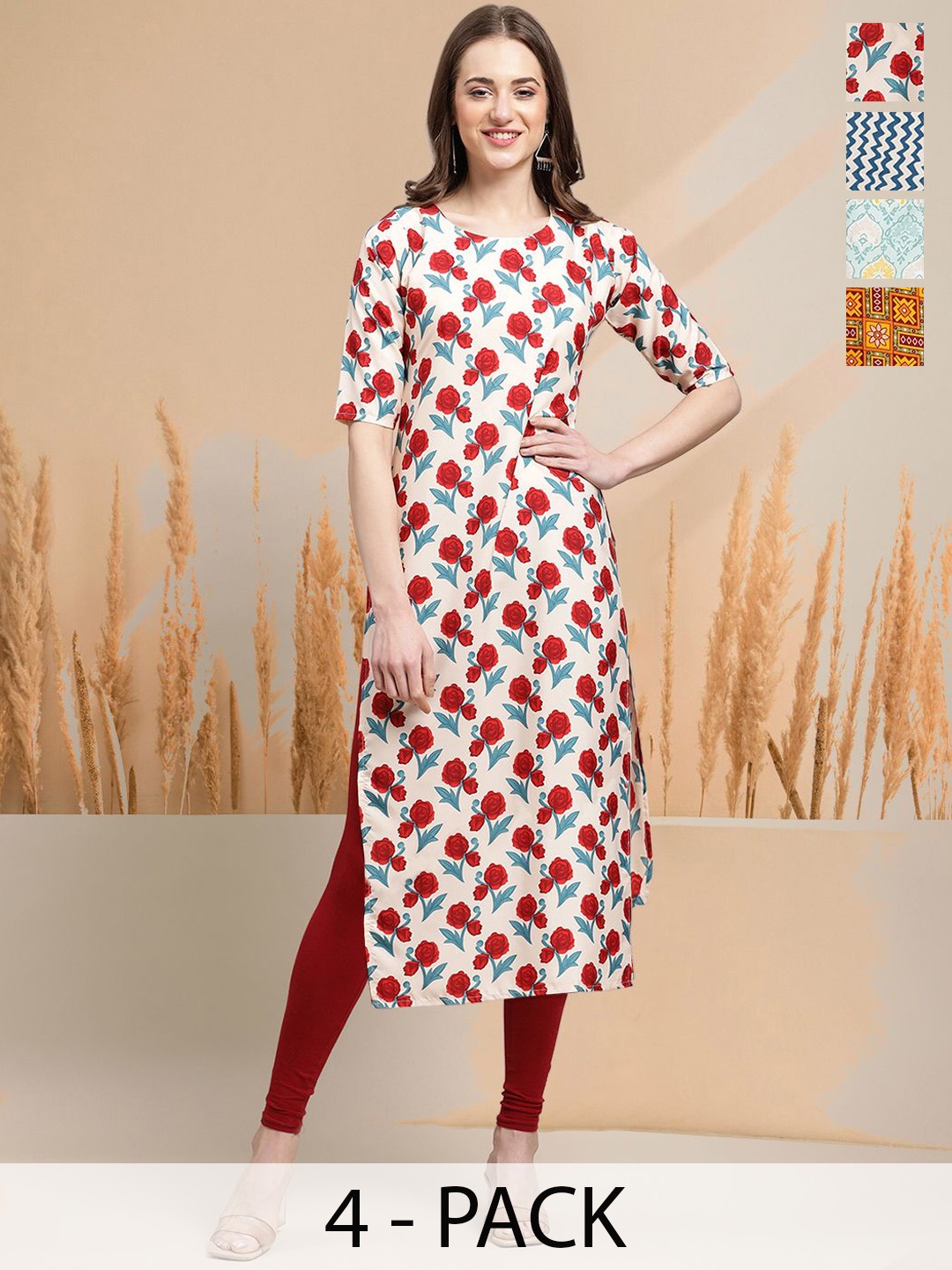 

7Threads Selection Of 4 Floral Printed Round Neck Kurtas, White