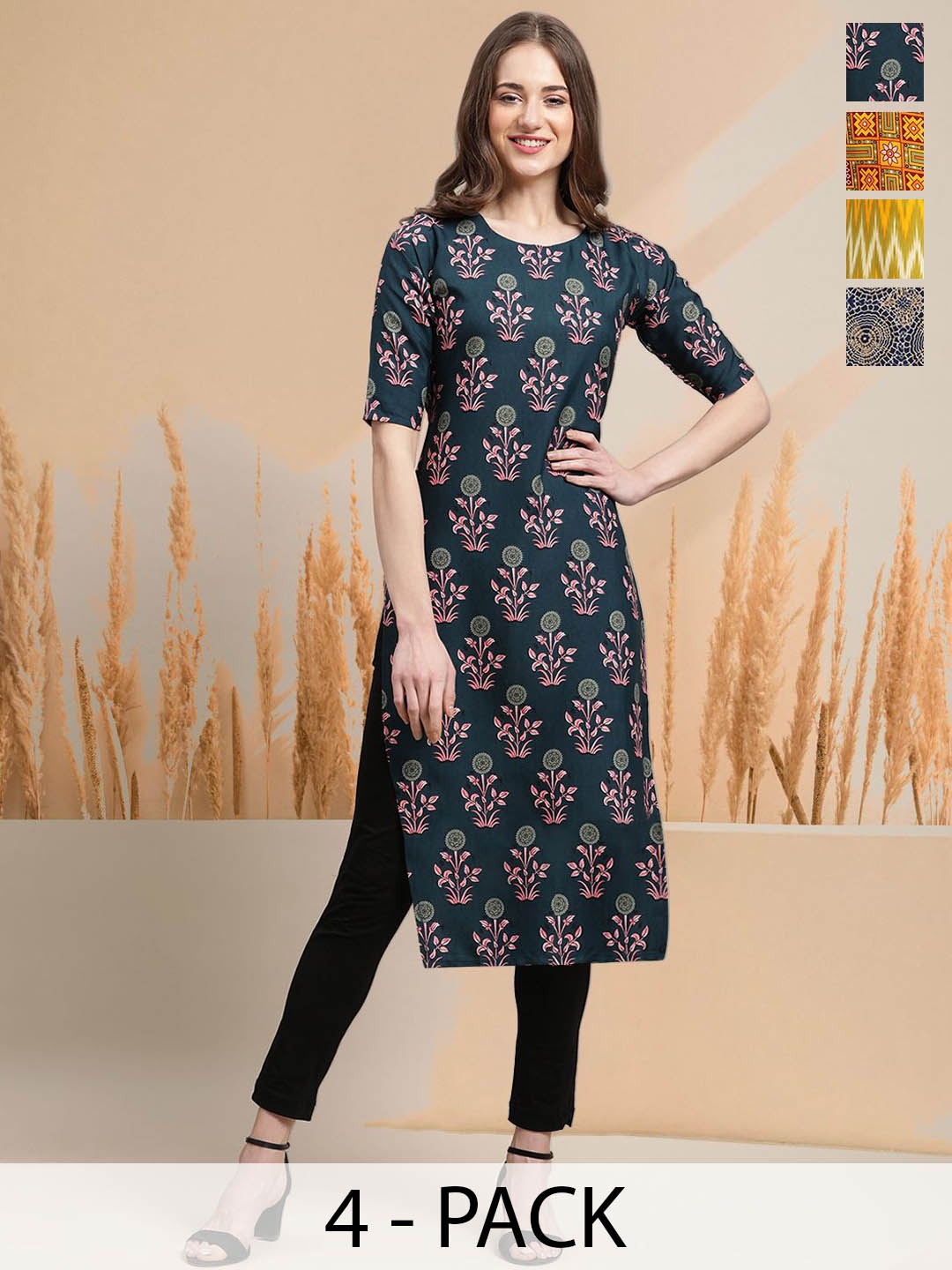 

7Threads Selection Of 4 Floral Printed Round Neck Straight Kurtas, Black