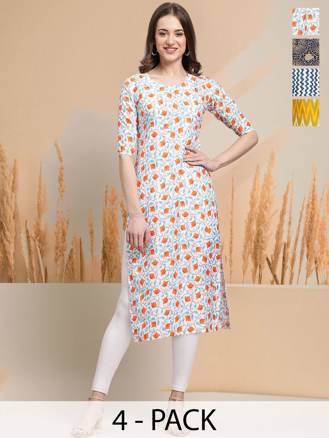 

7Threads Selection Of 4 Floral Printed Straight Kurtas, White