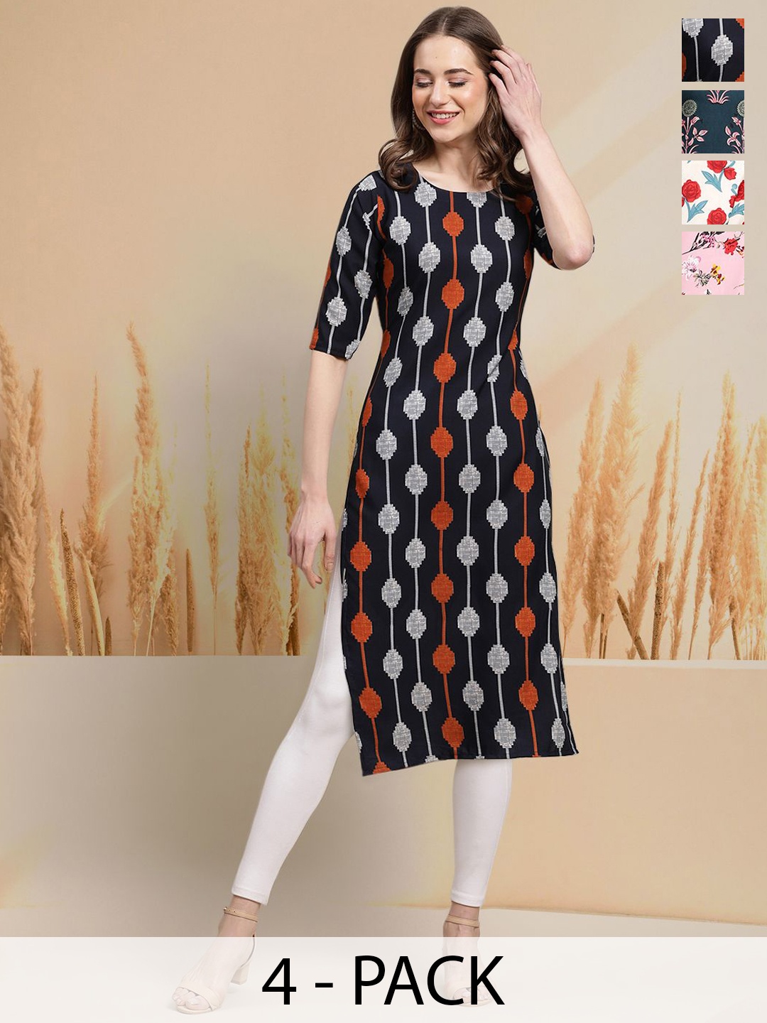 

7Threads Selection of 4 Geometric Printed Round Neck Straight Kurtas, Black