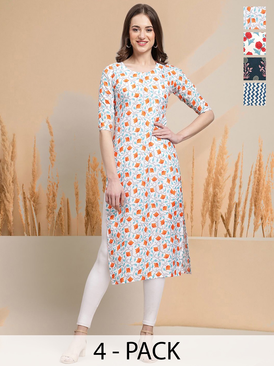 

7Threads Selection Of 4 Floral Printed Round Neck Straight Kurta, White
