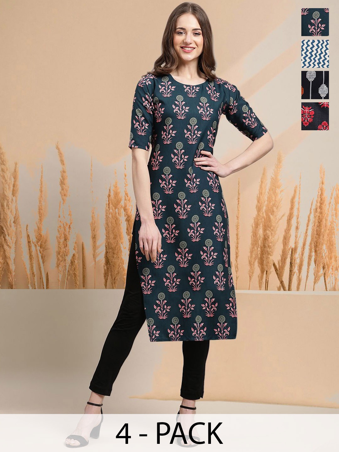 

7Threads Selection Of 4 Floral Printed Round Neck Straight Kurtas, Teal