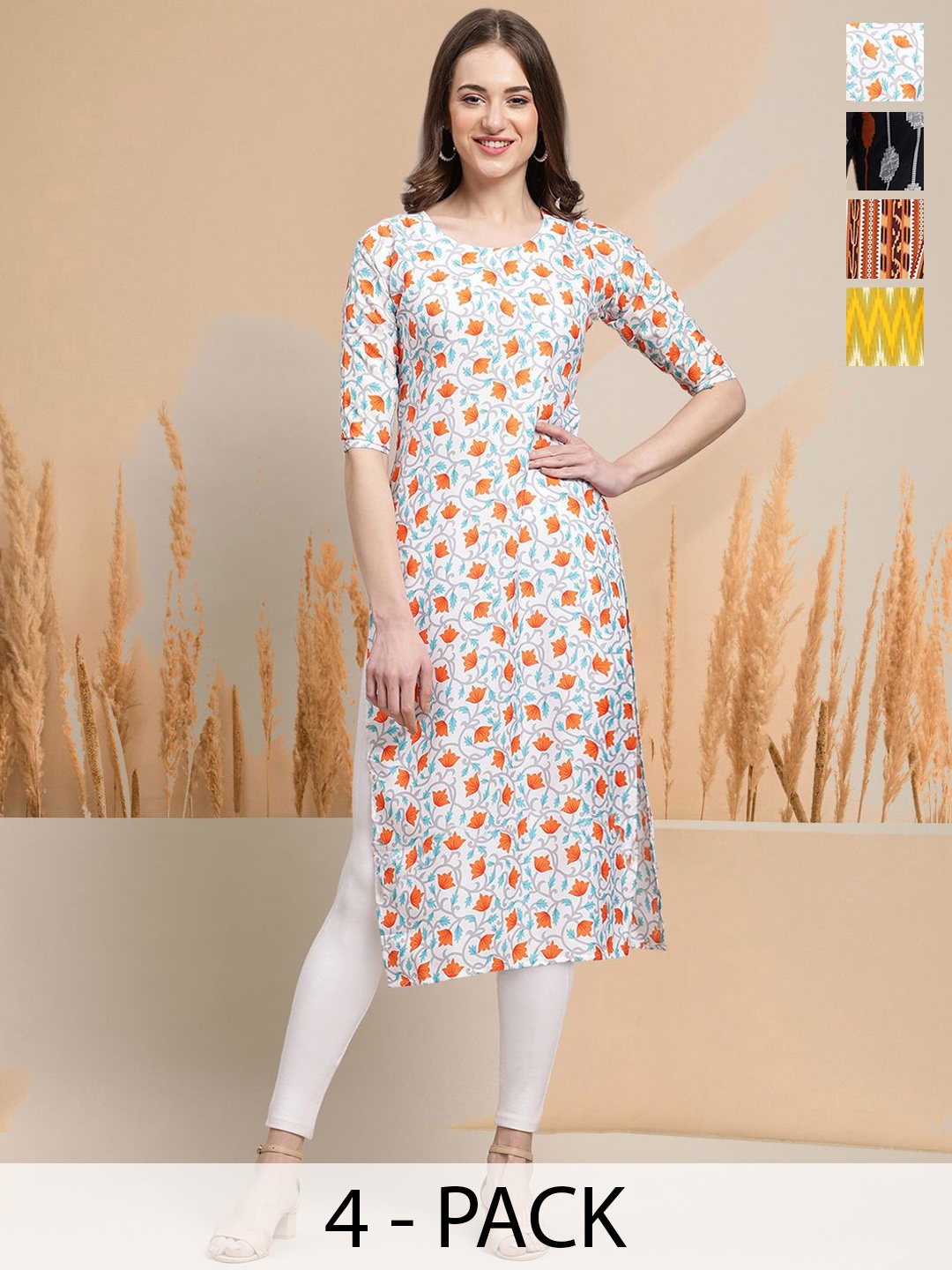 

7Threads Selection of 4 Floral Printed Round Neck Straight Kurtas, White