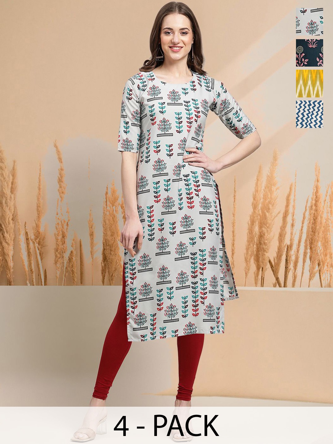 

7Threads Selection Of 4 Floral Printed Round Neck Straight Kurtas, Off white