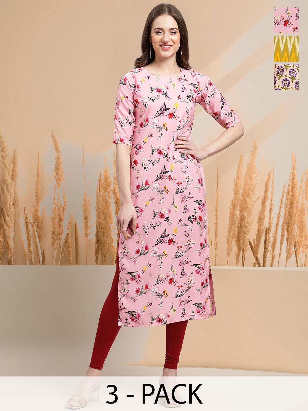 

7Threads Selection of 4 Floral Printed Round Neck Straight Kurtas, Pink