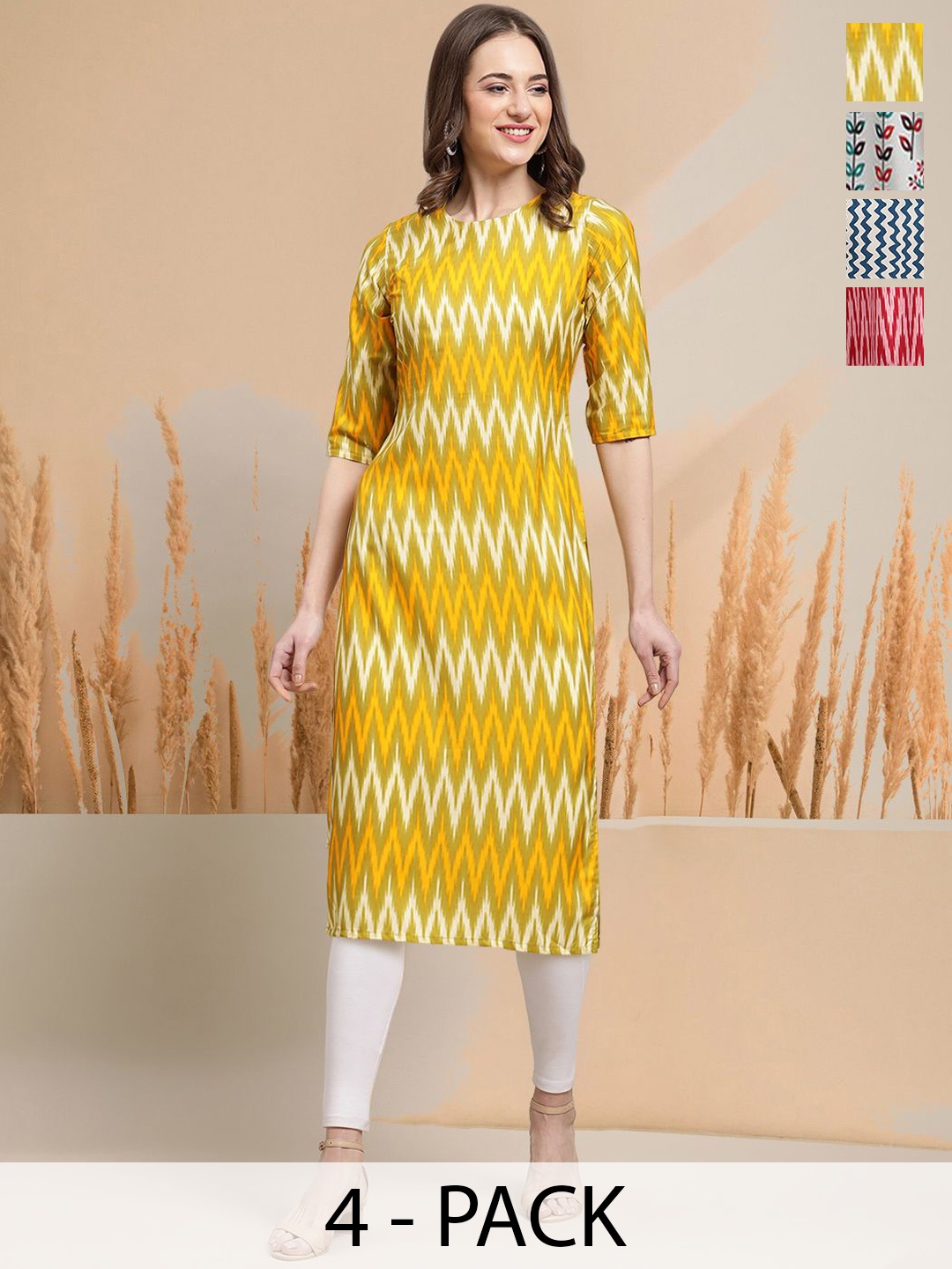 

7Threads Selection Of 4 Geometric Printed Round Neck Straight Kurtas, Yellow