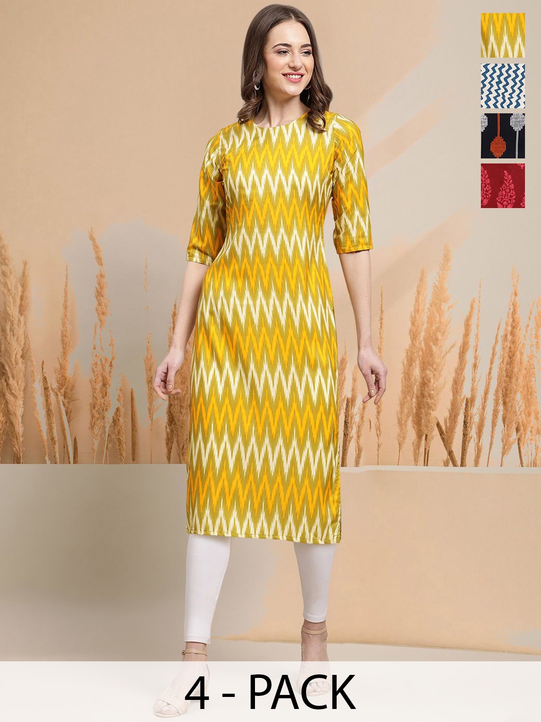 

7Threads Selection Of 4 Chevron Printed Round Neck Kurta, Yellow