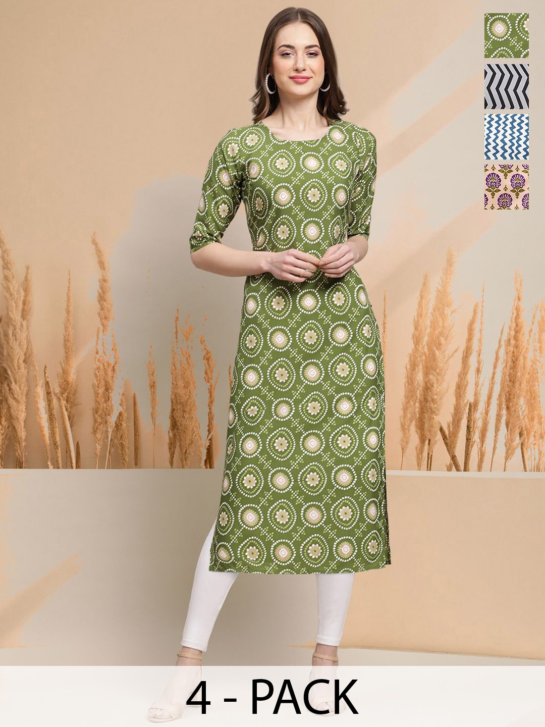 

7Threads Selection of 4 Geometric Printed Round Neck Straight Kurtas, Green