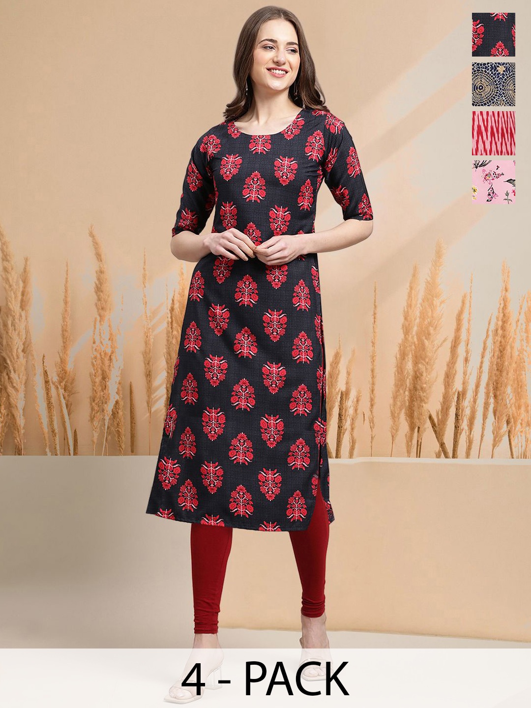 

7Threads Selection of 4 Floral Printed Round Neck Straight Kurtas, Red