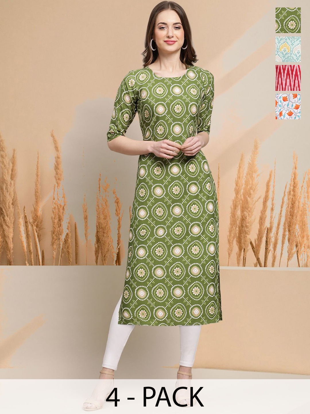 

7Threads Selection Of 4 Ethnic Motifs Printed Round Neck Straight Kurtas, Green