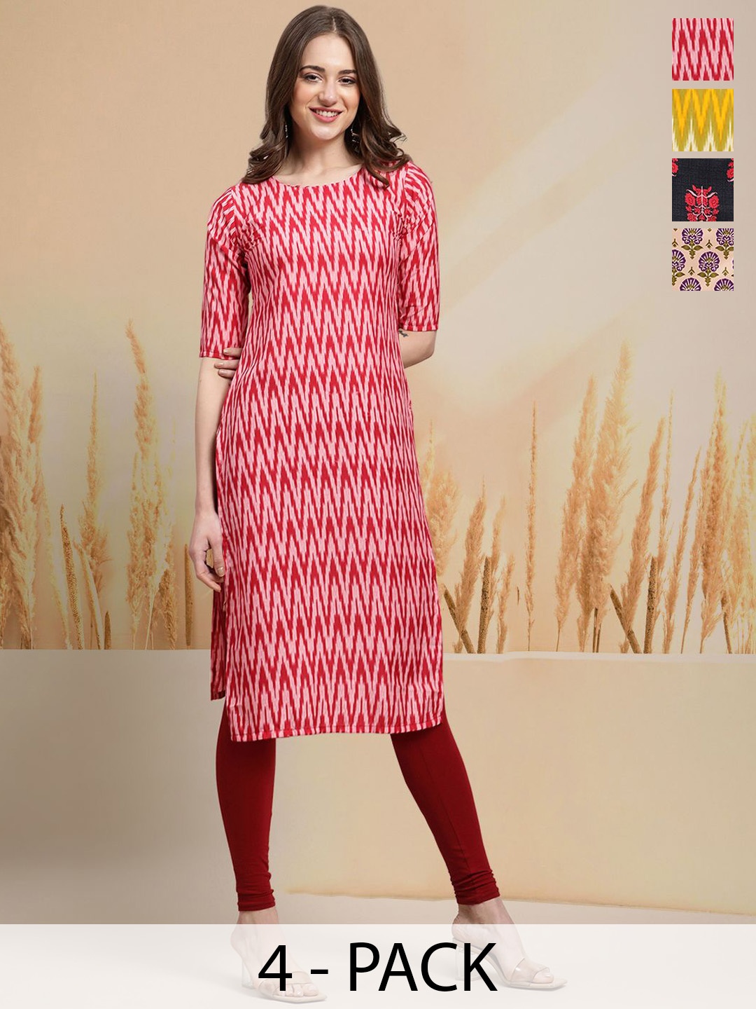 

7Threads Selection Of 4 Geometric Printed Round Neck Straight Kurtas, Red