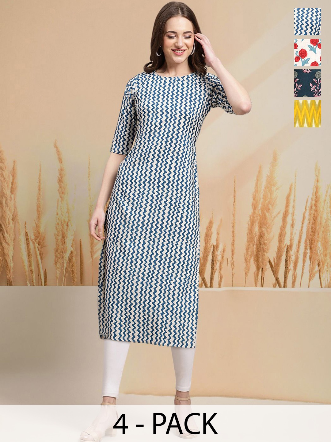 

7Threads Selection Of 4 Chevron Printed Round Neck Straight Kurtas, Teal
