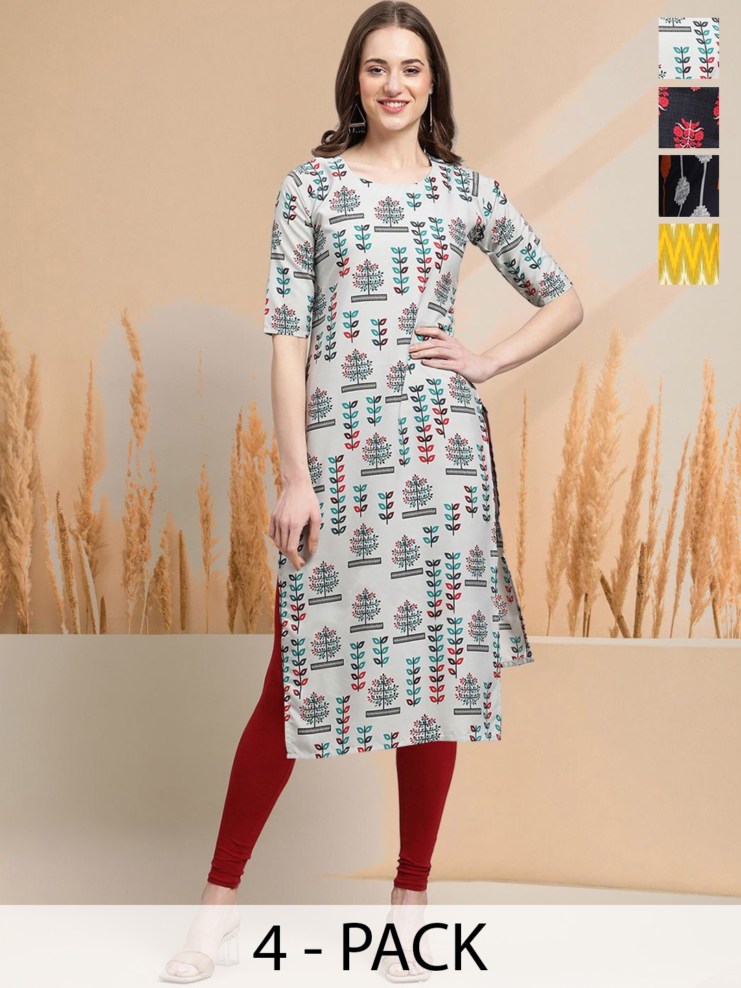 7Threads Selection Of 4 Ethnic Motifs Printed Round Neck Kurtas, Grey