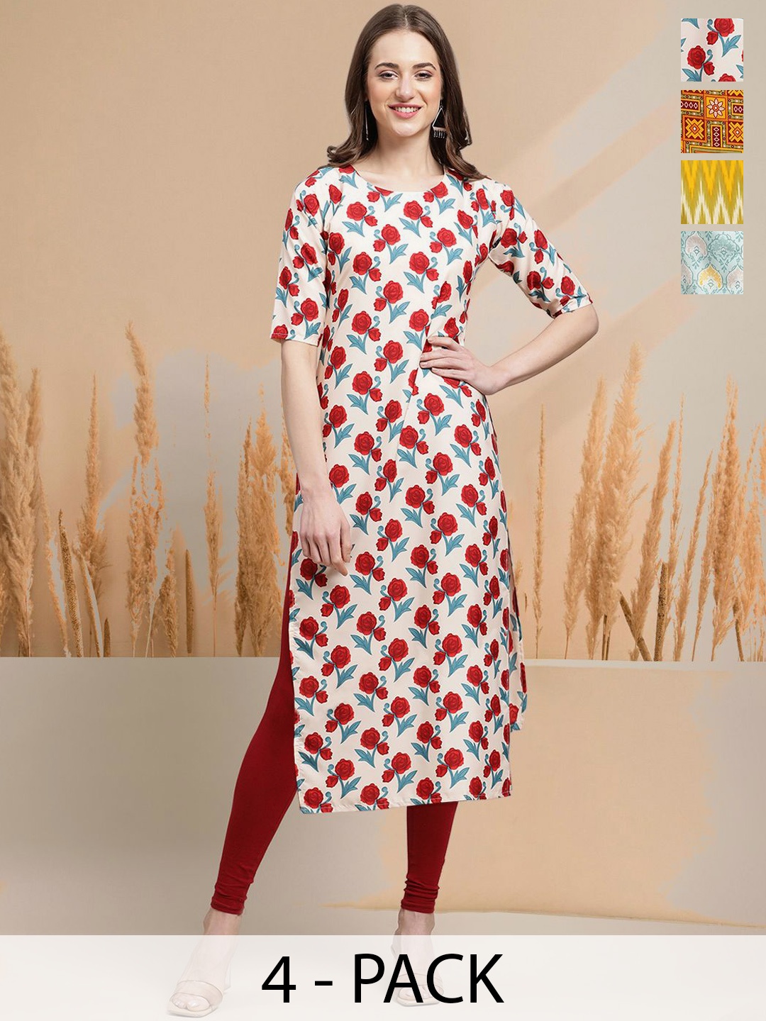 

7Threads Selection Of 4 Floral Printed Round Neck Straight Kurtas, Pink