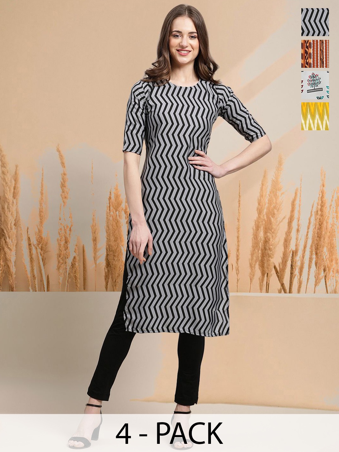 

7Threads Selection Of 4 Ethnic Motifs Printed Round Neck Straight Kurtas, Grey