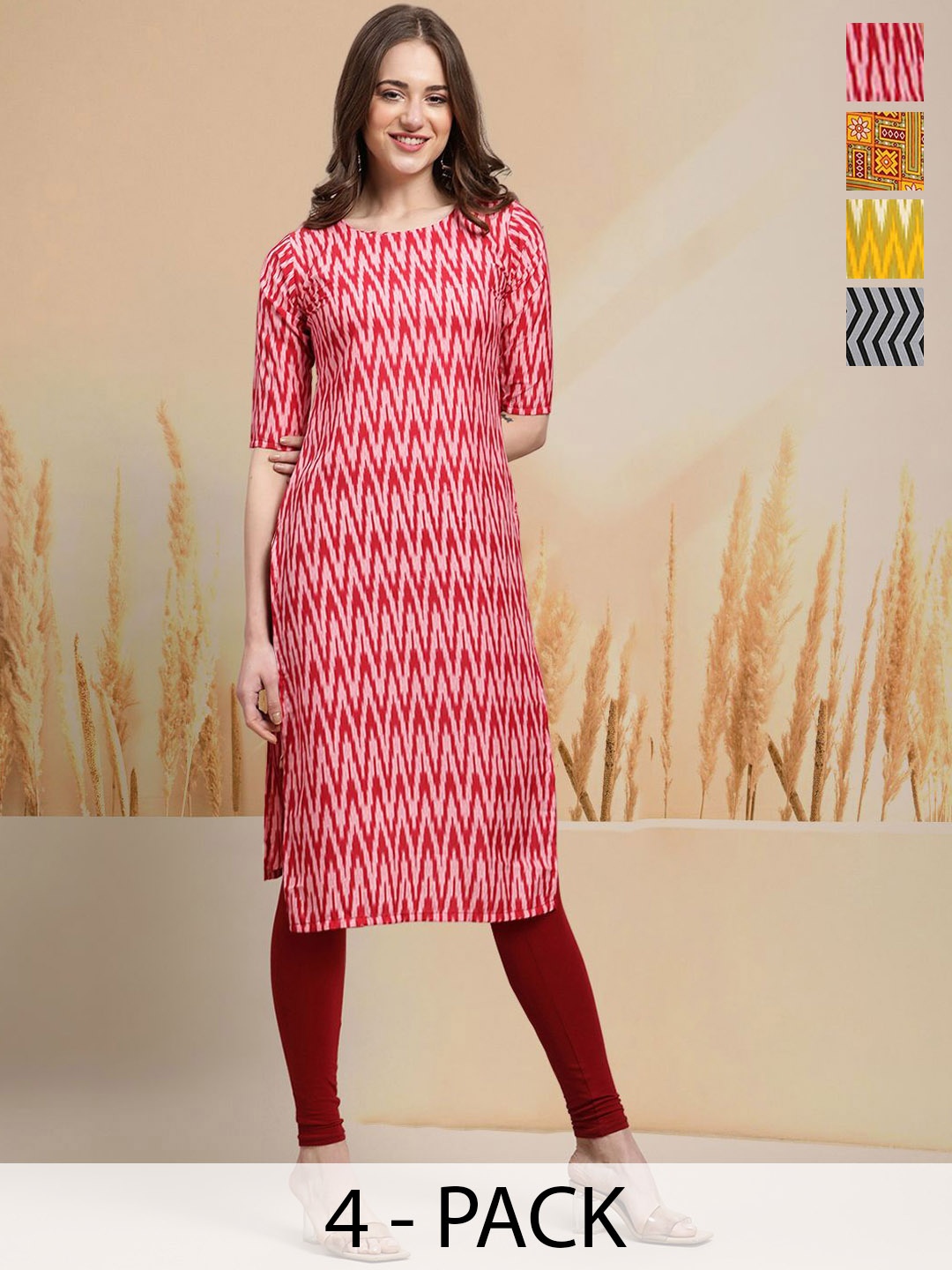 

7Threads Selection of 4 Chevron Printed Round Neck Straight Kurtas, Red