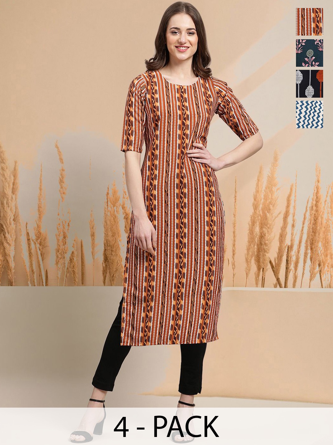

7Threads Selection of 4 Geometric Printed Round Neck Straight Kurtas, Multi