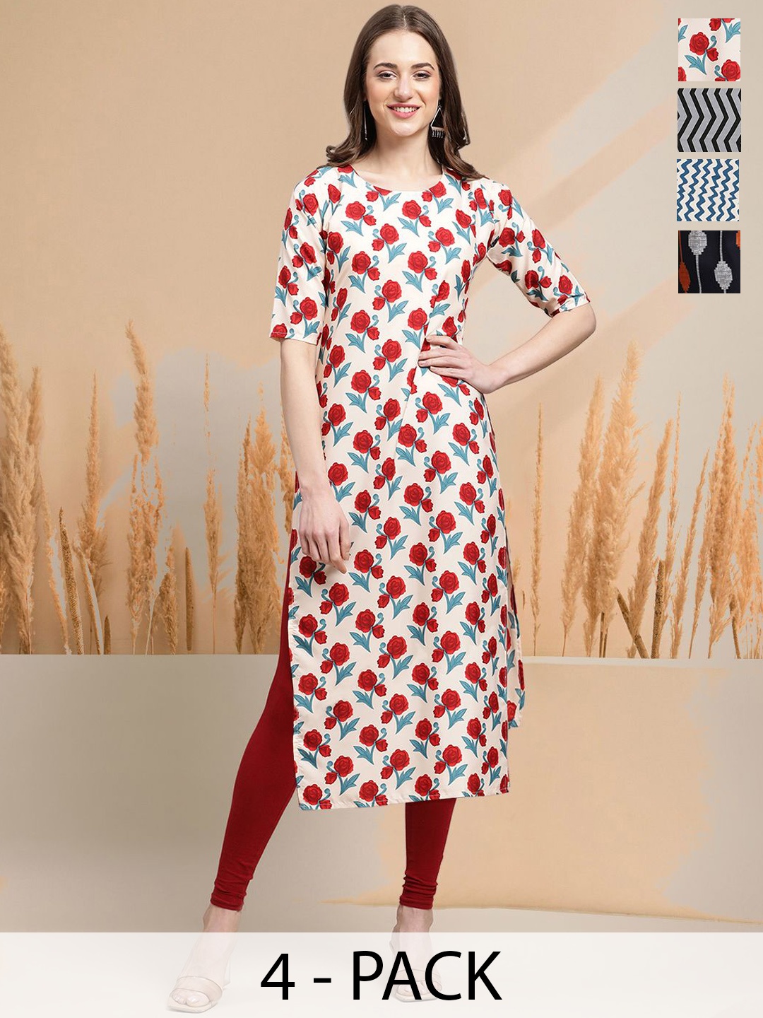 

7Threads Selection Of 4 Floral Printed Round Neck Straight Kurtas, Off white