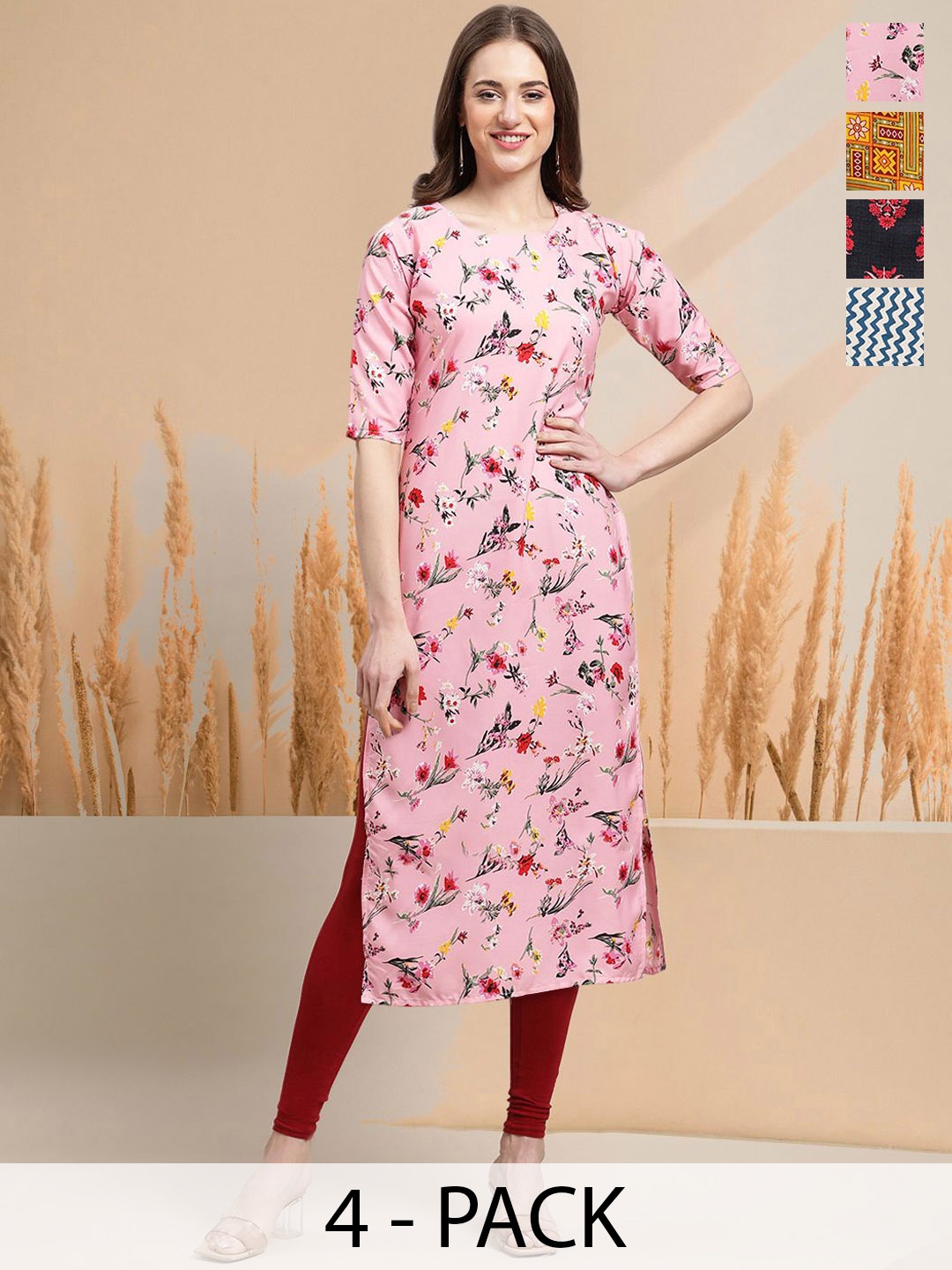 

7Threads Selection Of 4 Floral Printed Round Neck Kurtas, Pink