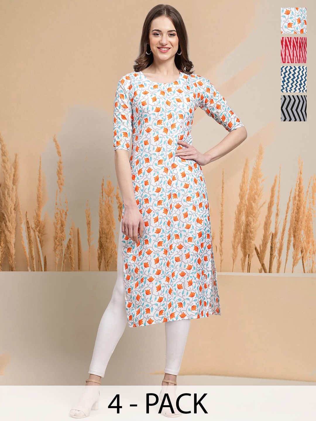 

7Threads Selection of 4 Floral Printed Round Neck Straight Kurtas, White