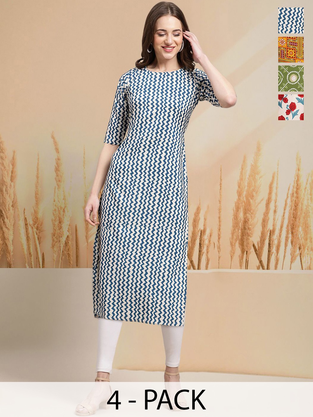 

7Threads Selection Of 4 Chevron Printed Round Neck Straight Kurtas, Beige