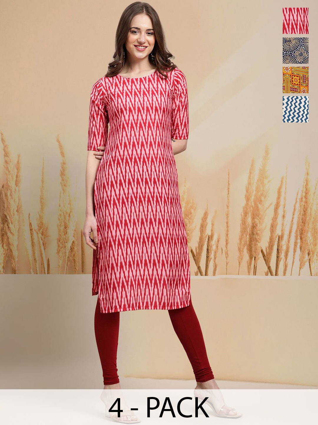 

7Threads Selection of 4 Chevron Printed Round Neck Straight Kurtas, Pink