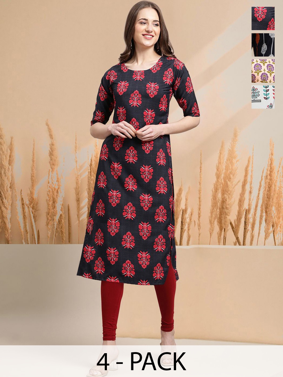 

7Threads Selection Of 4 Floral Printed Round Neck Straight Kurtas, Black